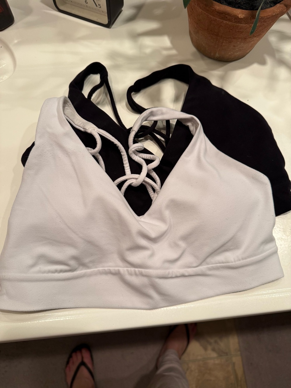 Pair of (2) Athleta Strappy V-Neck Sports Bras — White & Black